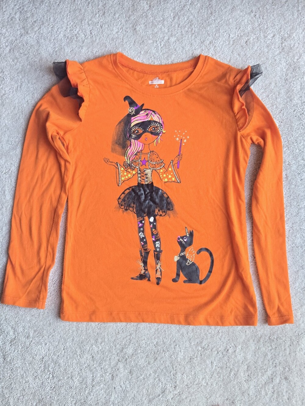 Girls' Orange Halloween Witch Graphic Long-Sleeve Top